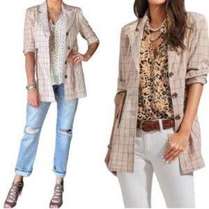 CABI Khaki Windowpane Jacket 6026 Cinched & Adjustable Waist Button Front. Large